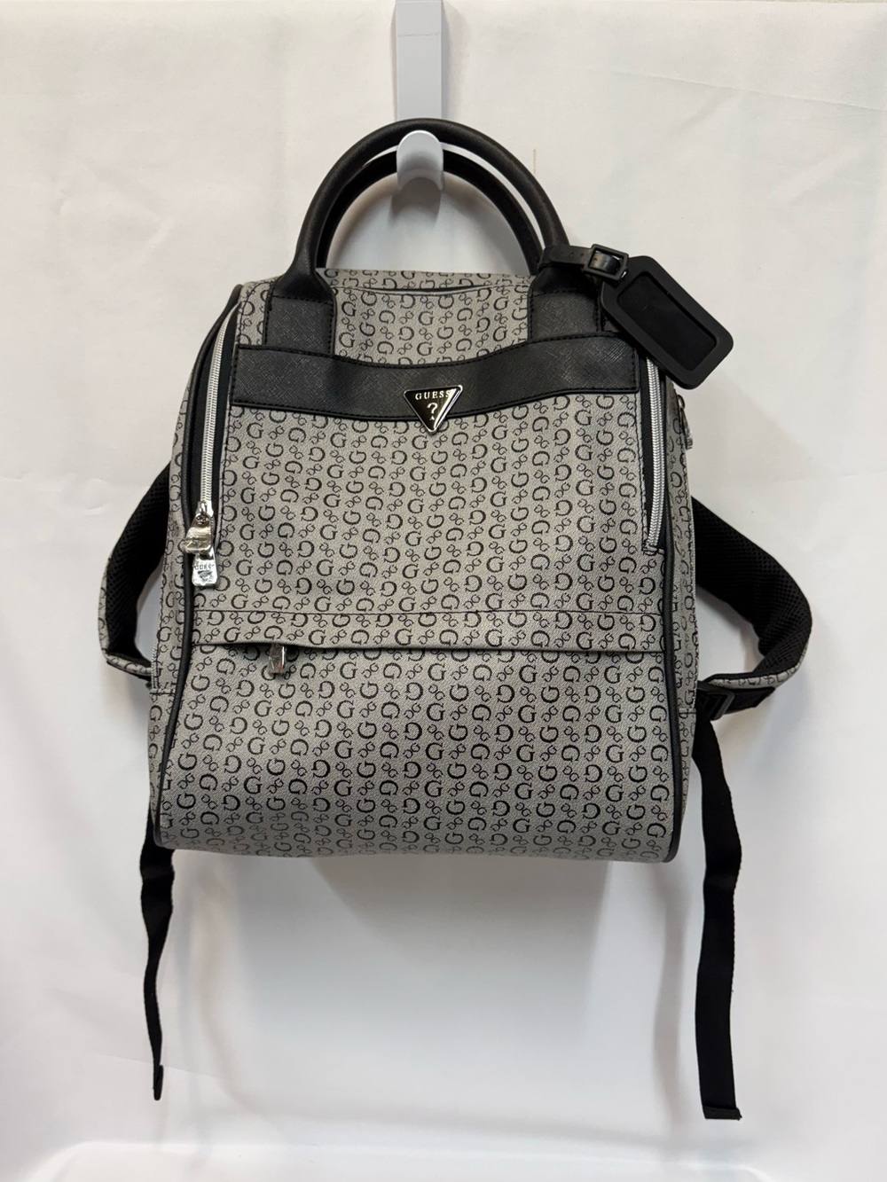 Guess Gray Monogram Convertible Backpack Tote with Black Accents